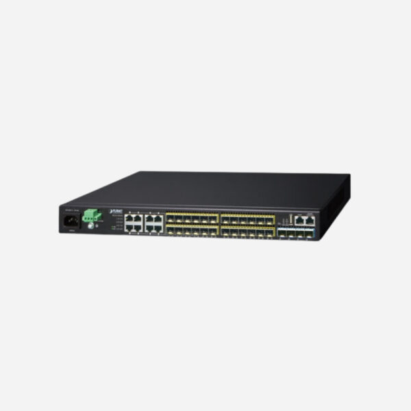 Layer 3 24-Port 100/1000X SFP + 8-Port Shared TP + 4-Port 10G SFP+ Stackable Managed Switch (100~240V AC, 36-75V DC)