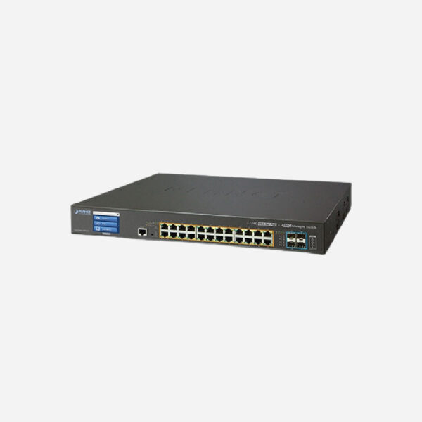 L3 24-Port 10/100/1000T 802.3at PoE + 4-Port 10G SFP+ Managed Switch with LCD Touch Screen