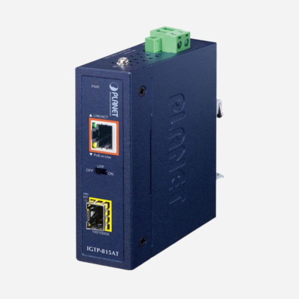 Industrial Compact 100/1000BASE-X to 10/100/1000BASE-T 802.3at PoE+ Media Converter